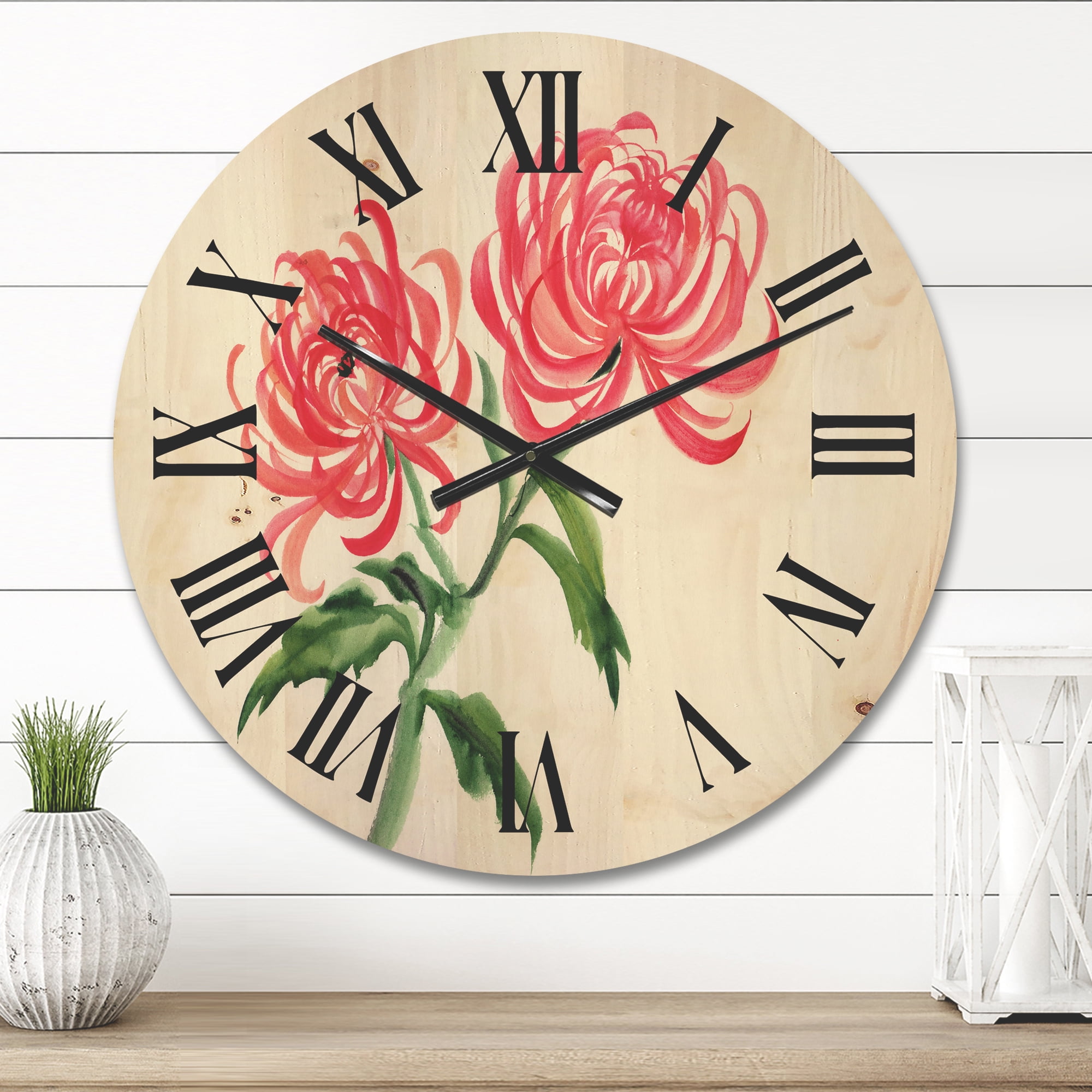 Designart 'Ancient Purple Chrysanthemum Flower' Traditional Wood Wall Clock