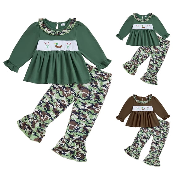 Pandaie 3-7Y Baby Girl Clothes Toddler Fall Winter Outfits Long Sleeve Ruffle Shirt Tops Camo Flare Pants Clothing Set Army Green 2-3 Years