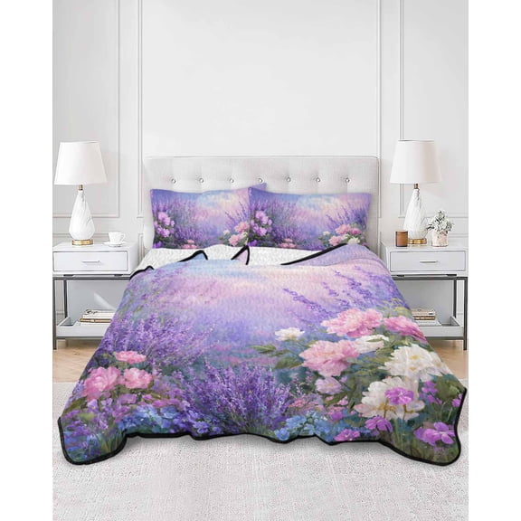 Quilts Queen Size, Purple Lavender Soft Comforter Bedding Set for Bed, Spring Watercolor Country Wildflowers Lightweight Quilted Bedspread with Pillow Cover(2 Pieces) for All Season, 90x96 Inch