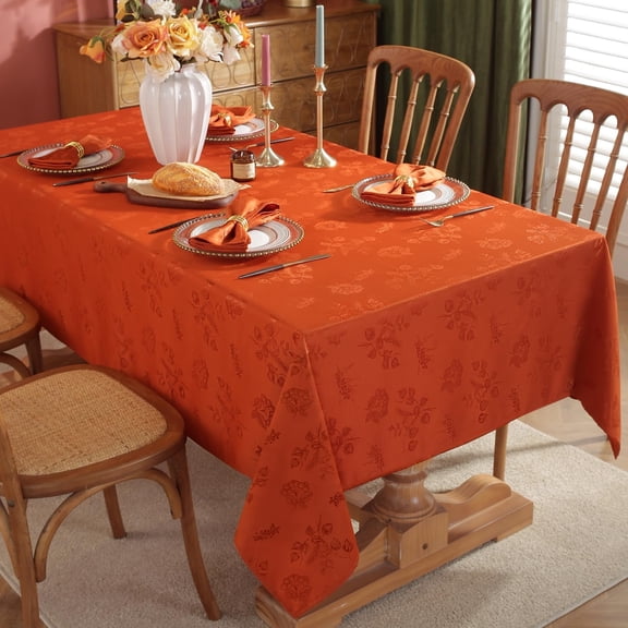 Fall Jacquard Tablecloth Rectangle Elegant Damask Fabric Thanksgiving Table Cloth, Spillproof Wrinkle Resistant Vintage Table Cover for Harvest, 60 x 120 Inch Rust