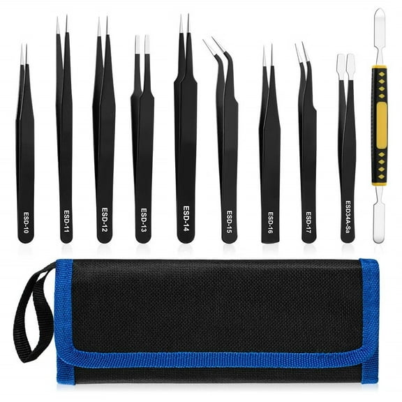 10 PCS Precision Tweezers Set,Premium Craft Tweezers Kit,Stainless Steel Electronic ESD Tweezers,Anti-static Industrial Soldering Tweezers,with Tweezer Storage Bag