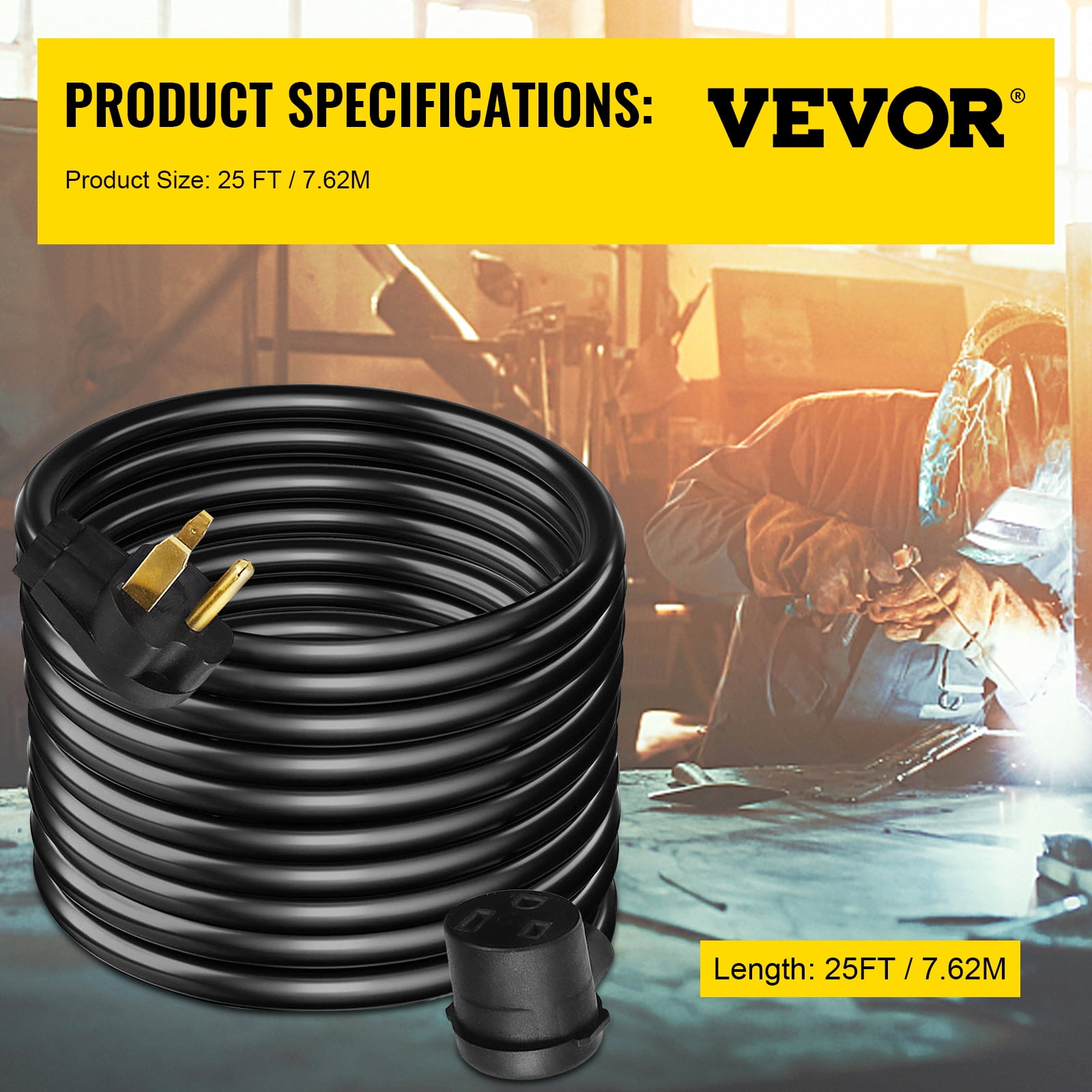 VEVOR 25ft 40A Welder Extension Cord, Welding Power Cord with NEMA 6-50R/P, Heavy Duty with 8 AWG*3 for MIG Lincoln Plasma and Miller,  250V