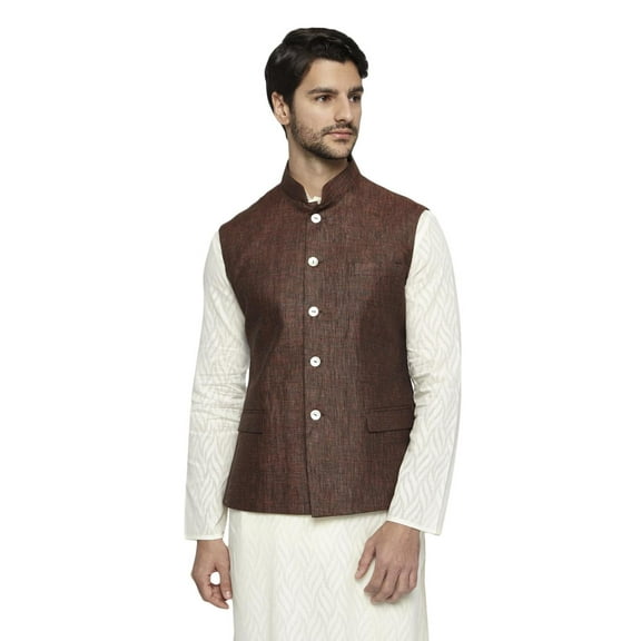 Ethnix Men's Handmade Banded Collar Pure Cotton Linen Nehru Jacket Vest; Earth Brown; S