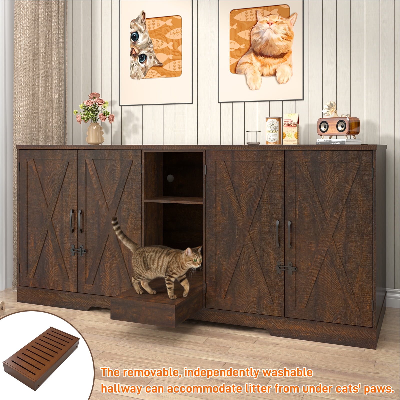 Blotout 77" Large Cat Litter Box Enclosure for 2 Cats with Power Outlets, Litter Box Furniture Hidden with Double Room, Wooden Cat Washroom Furniture with Lockable Door, Cats House, Brown