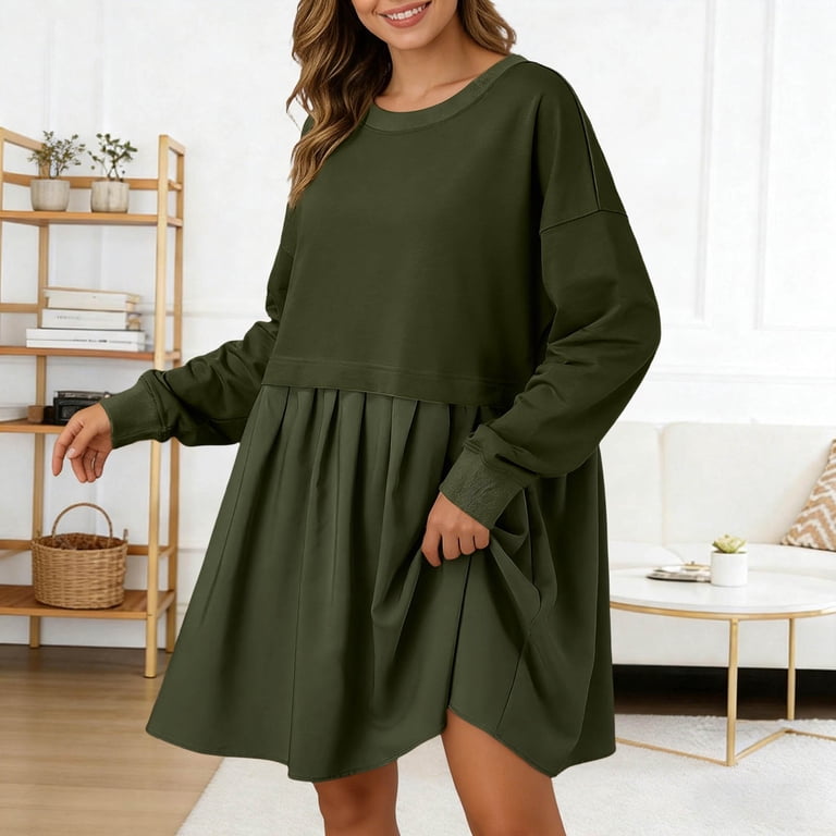 Tisuna Army Green Sweater Dress For Women Solid Color Long Sleeve Crew Neck Dresses Ladies Comfort Loose Spring Fall Dress Size S