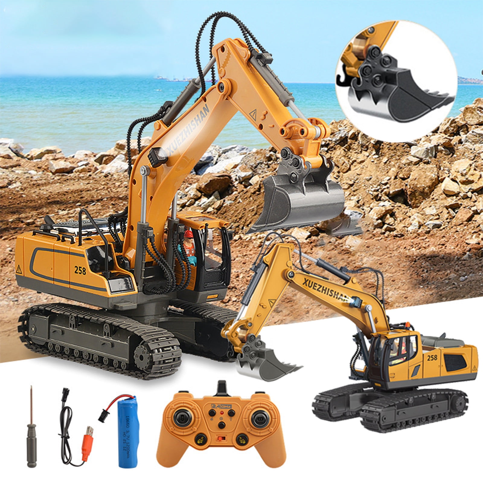 MeetYTOYS Christmas Remote Control Excavator RC Toy 1:20 RC Excavator Toy Alloy Construction Tractor,11 Channel Rechargeable RC Truck With Lights Sounds 2.4Ghz Transmitter