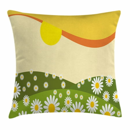 Nature Throw Pillow Cushion Cover, Daisy Flower Field with Chamomiles Hill under Sun Idyllic Cartoon, Decorative Square Accent Pillow Case, 16 X 16 Inches, Cream Lime Green Earth Yellow, by (Best Car On Earth)
