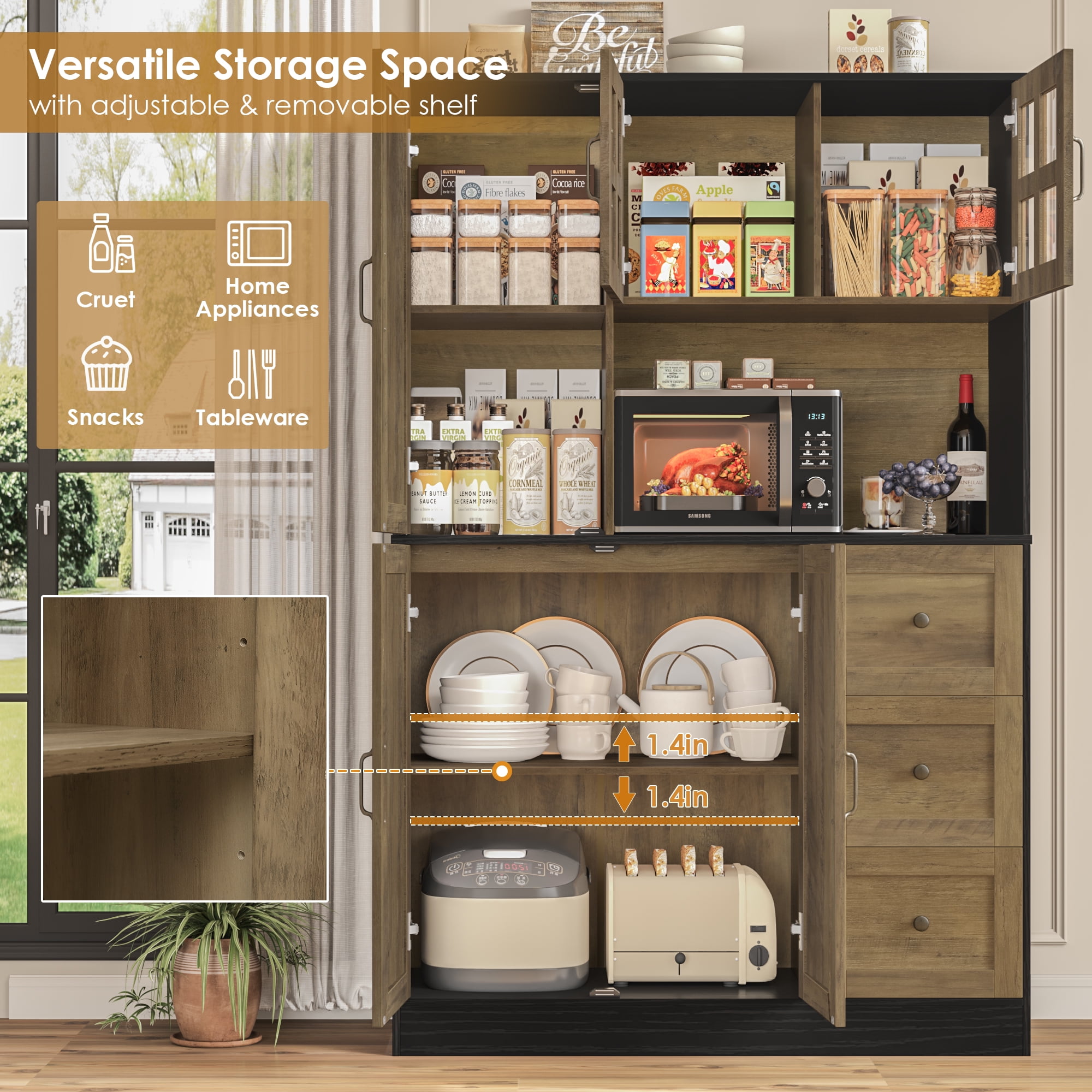 Homfa 62″ Farmhouse Pantry Cabinet with Microwave Shelf, Kitchen Hutch with Adjustable Shelves, 5-doors Freestanding Cupboard for Living Dining Room, Oak