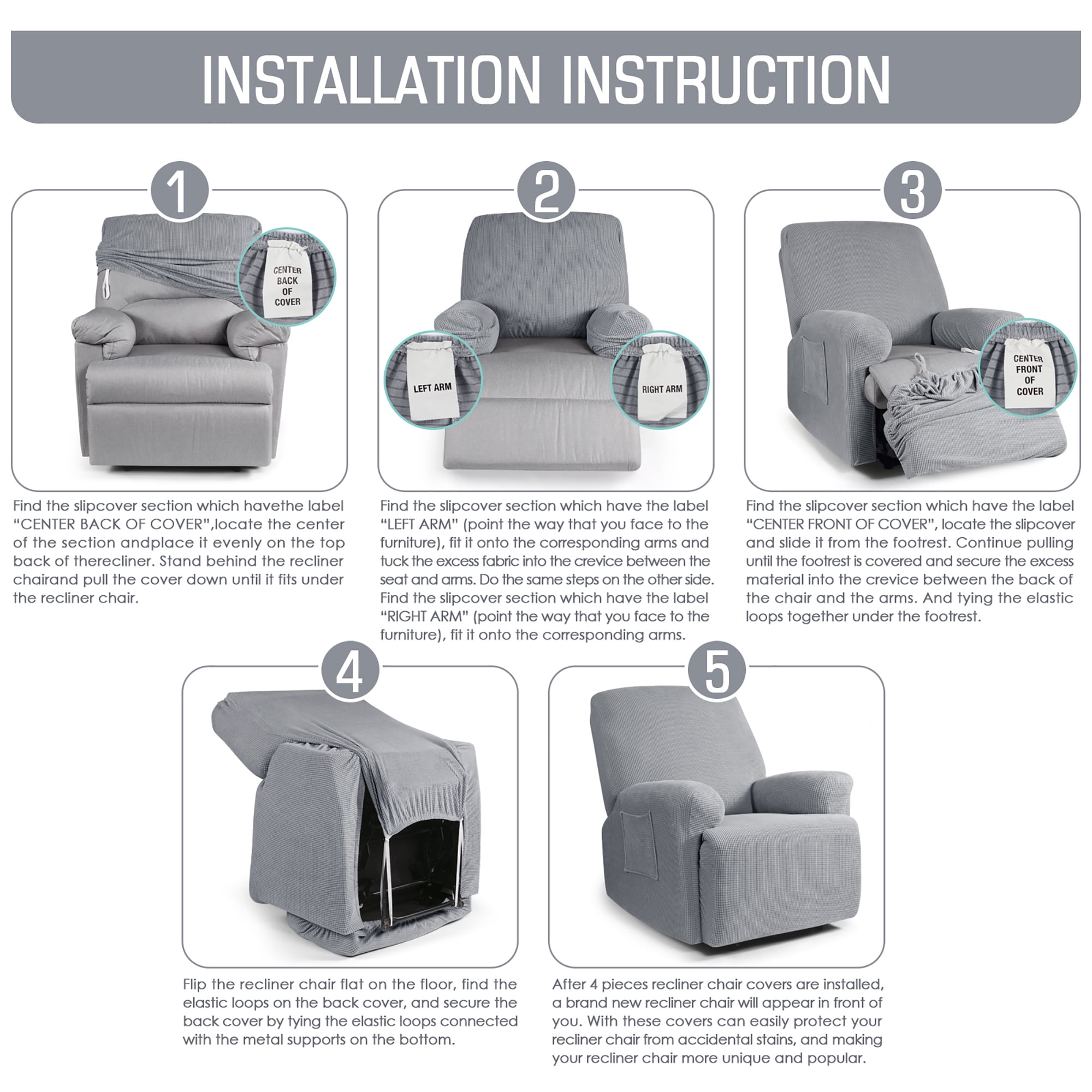 TAOCOCO 4 Pieces Stretch Recliner Slipcover, Jacquard Recliner Chair Cover Furniture Protector for Pet, Kids Dusty Gray