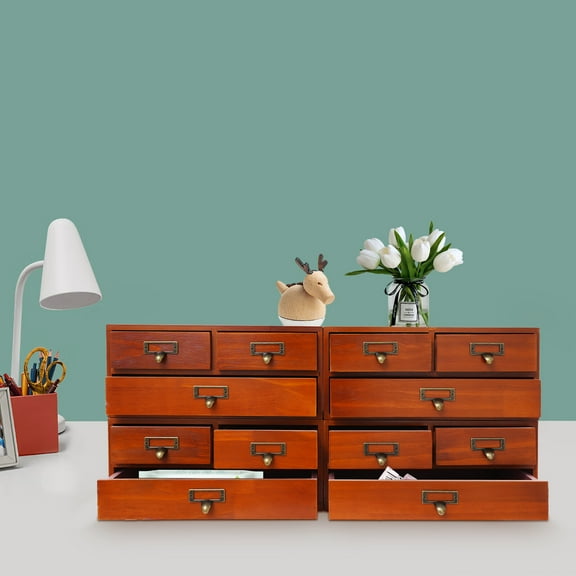 Wooden Desktop Organizer, 4 Packs 3-Drawer Storage Box for Home, Office, Brown