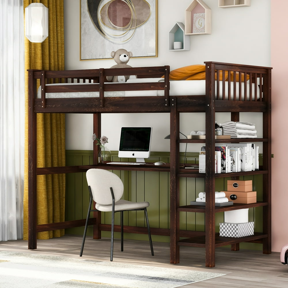 EUROCO Wood Twin Loft Bed with Desk & Storage Shelves, Espresso