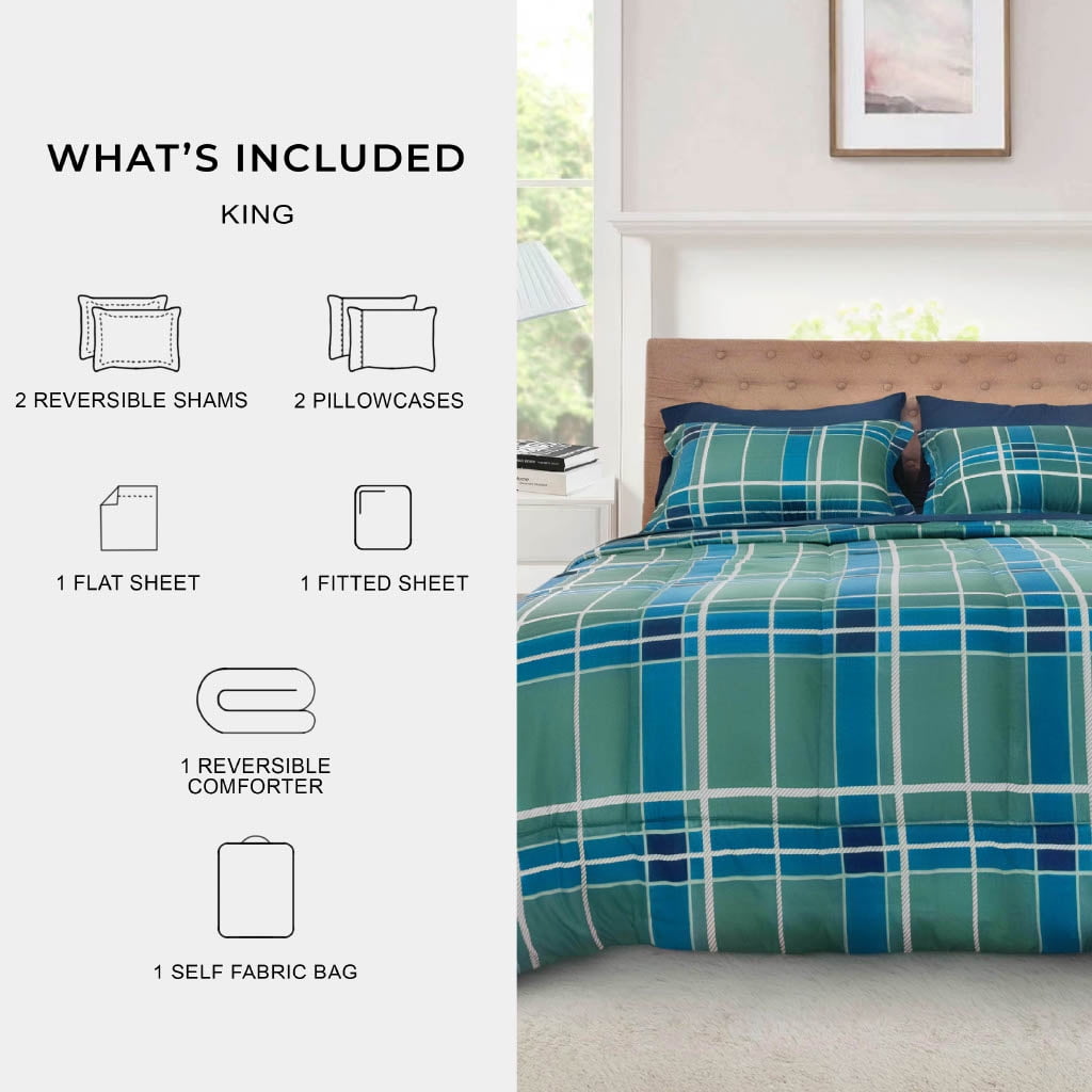 Mainstays All in One Reversible Comforter and Sheet set- 7 Piece, King, Green and Navy Plaid