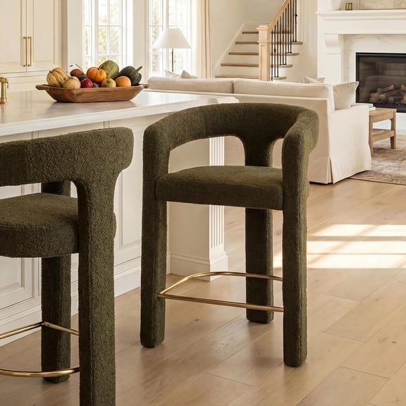 NeatifyesModern Barrel Bar Stools, 26 Inch Upholstered Sherpa Counter Height Bar Stools with Open Back and Armrests for Kitchen Island, Home Bar, Dining Room, No Assembly, Green