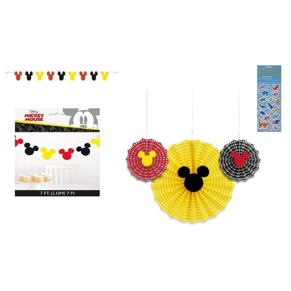 Disney Mickey Mouse Birthday Party Supplies Bundle includes 7 feet Garland Banner, 3 Hanging Decorative Fans Party Decoration, 1 Dinosaur Sticker Sheet