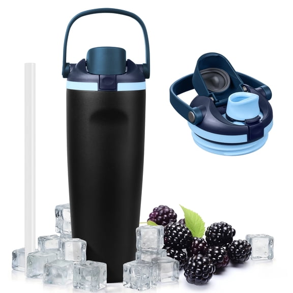 Coliware 30OZ Insulated Water Bottle with Dual Sip Lid, Vacuum-Sealed Stainless Steel Tumbler with Handle Straw, Leakproof & Cup Holder Friendly for Travel, Gym, Office - Onyx Denim