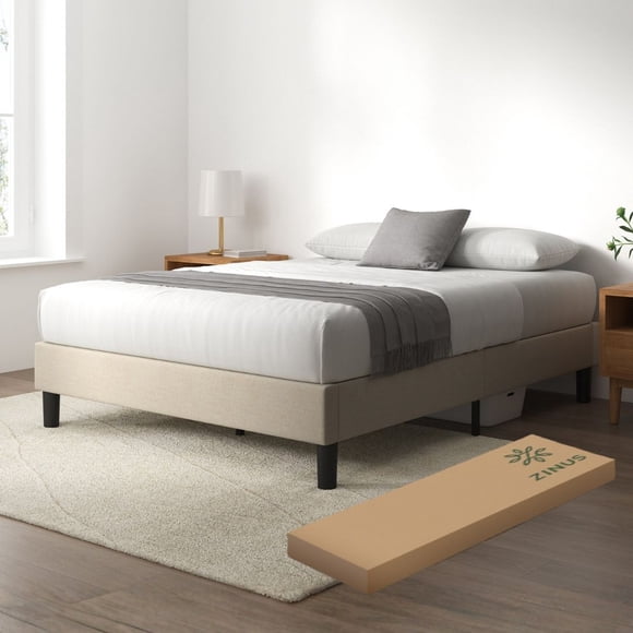 Base de Cama Matrimonial Zinus Curtis Estructura Tapizada Color Beige. Fácil Armado.