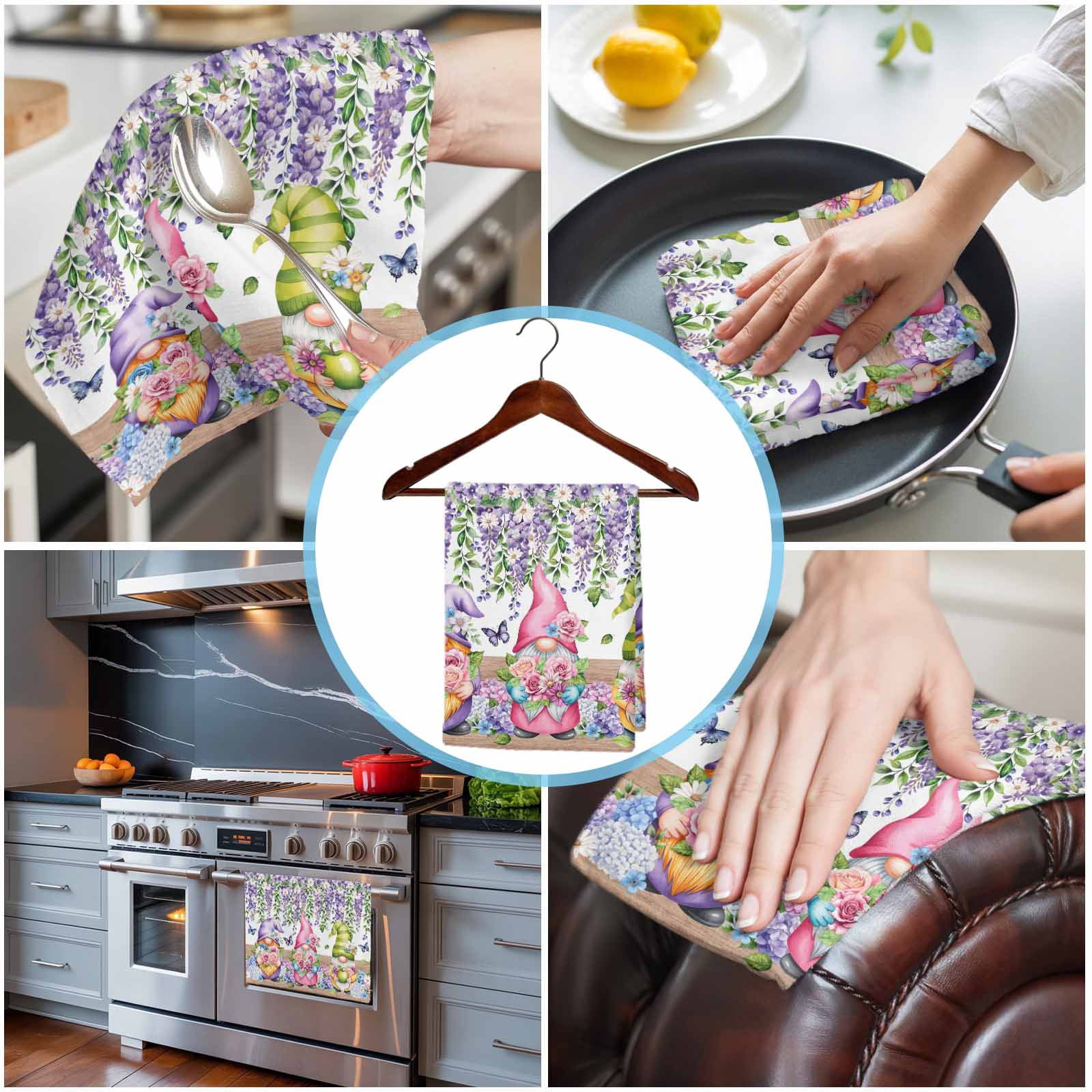 Blue Purple Gnomes Kitchen Towels Set of 3, Water Absorbent Dish Towel, Spring Country Hydrangea Flower Leaf Decorative Hand Towels - Quick Drying Cloth for Cooking Baking, 18x28 Inch