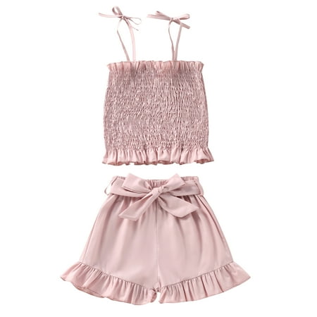 

Sunisery Toddler Kids Girls Shorts Set Double Sided Strap Sling Pleated Tops + High Waist Bow Ruffle Hem Shorts Pink 5-6 Years