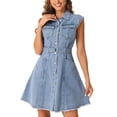 thumbnail image 1 of Vestido de tanque de mezclilla INSPIRE CHIC para mujer, con botones, cuello de solapa, ceñido a la cintura, corte A, talla XL, gris azul, 1 of 6