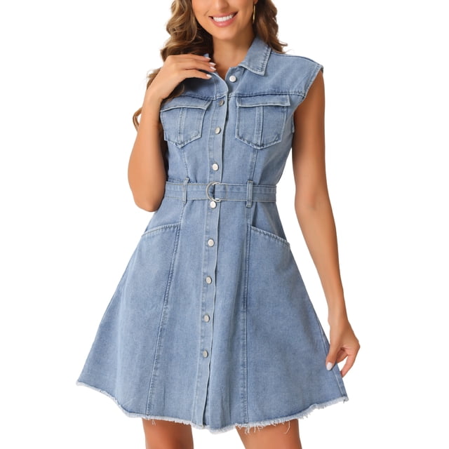 Vestido de tanque de mezclilla INSPIRE CHIC para mujer, con botones, cuello de solapa, ceñido a la cintura, en línea A, color gris azul