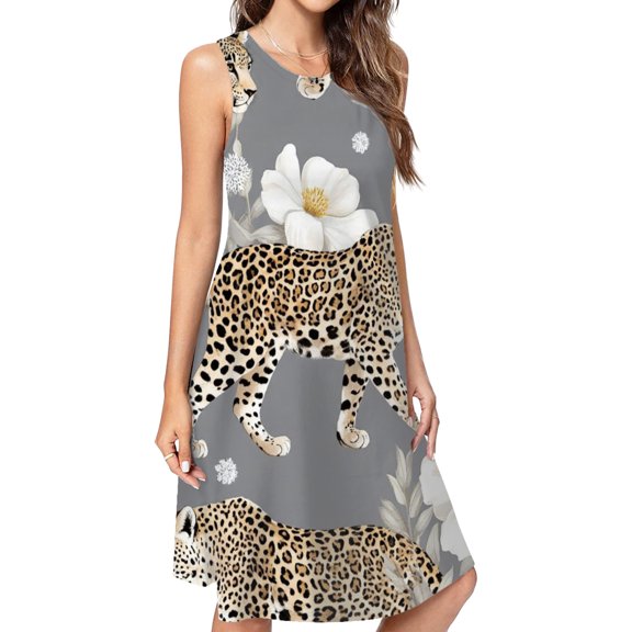 Grey Background Leopard Floral Print Spring Summer Dresses For Women Fashion Dress Casual Sleeveless Loose Sundress With Pockets
