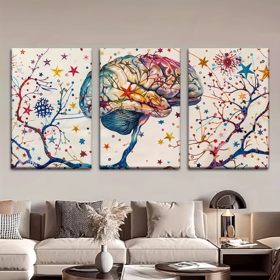 3pcs/Set, Canvas Painting--Unframed, The Human Brain, with Its Colorful Neural Connections, Posters And Prints, Living Room, Library, Office, Cafe, Bar, Abstract Art, Perfect Birthday, Holiday Gift,