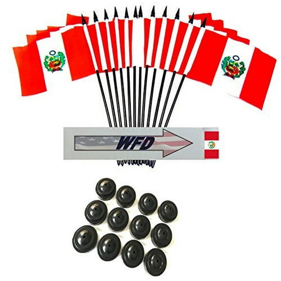 Pack of 12 4"x6" Peru Polyester Miniature Office Desk & Little Table Flags, 1 Dozen 4"x 6" Peruvian Small Mini Handheld Waving Stick Flags with 12 Flag Bases (Flags with Stands)
