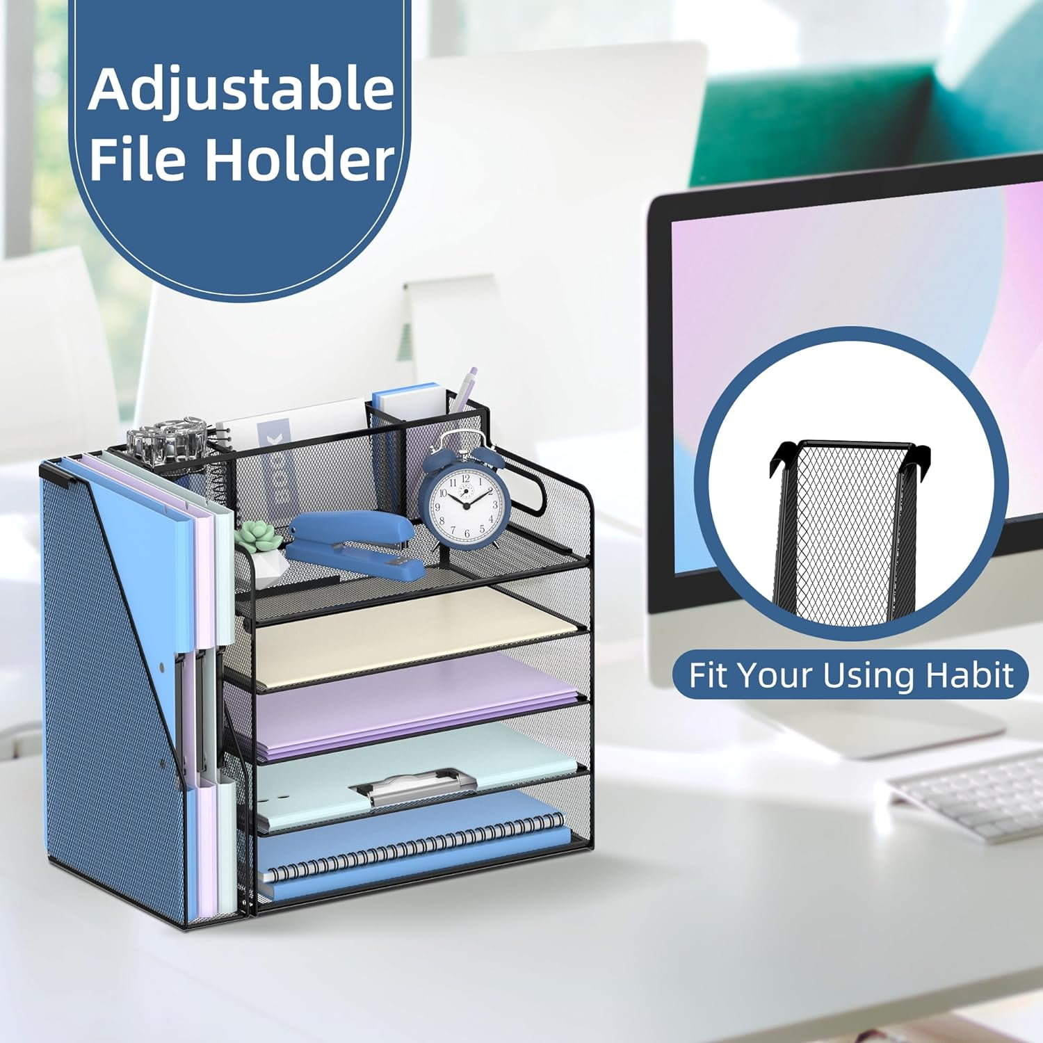 INTIGE 5-Tier Metal Desk File Organizer with Handle, Pen Holders and File Rack, Office supplies, Black, 1 Piece