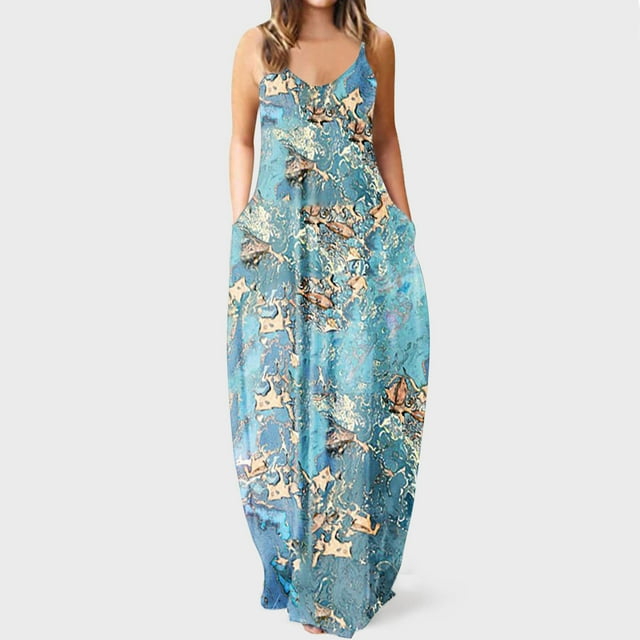 SMihono Robe Maxi Bohème d'Été pour Femmes Grande Taille Mode Femme Bretelles Taille Mi-Haute Col en V Sans Manches Rayée Imprimée Robe Longue de Plage