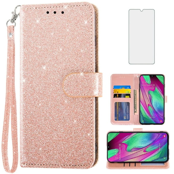 Asuwish Compatible with Samsung Galaxy A40 Wallet Phone Case and Tempered Glass Screen Protector Flip Credit Card Holder Stand Bling Glitter Cell Cover for A 40 40A Women Men Pink