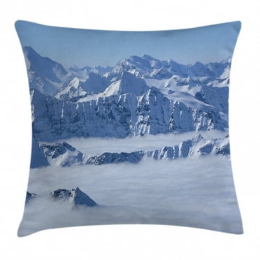 Farmhouse Decor Throw Pillow Cushion Cover, Fantasy Dream Land over Austrian Alps Summit Climate Skiing Snowfall Fir Theme, Decorative Square Accent Pillow Case, 16 X 16 Inches, White, by Ambesonne