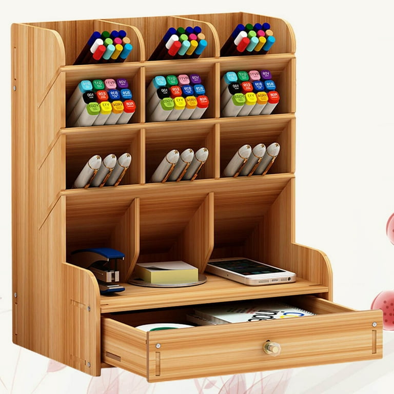 Multi-purpose Pen Holder 3 Compartments With Sliding Drawer For