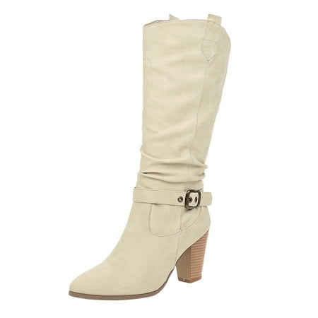 

autumn winter shoes Womens Leather Cross Strap Knee-High Buckle Shoe Cowboy Low-heeled Slip-On Boots