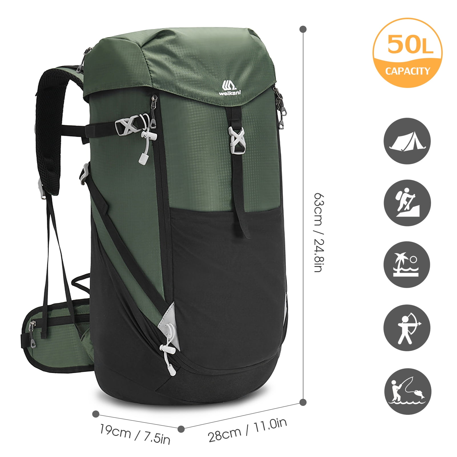 50L Large Capacity Outdoors Backpacking Daypack Waterproof Tear Resistant Nylon Sport Backpack Travel Bag with Survival Whistle and Reflective Stripes, 24.8 inches / 63 cm, Black