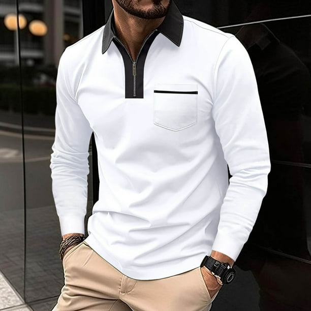 pstuiky camisa de manga larga para hombre, Camisa de golf de moda para hombre, de manga larga, con bolsillo y cuello abatible, de color liso Tops de talla grande para hombre xl
