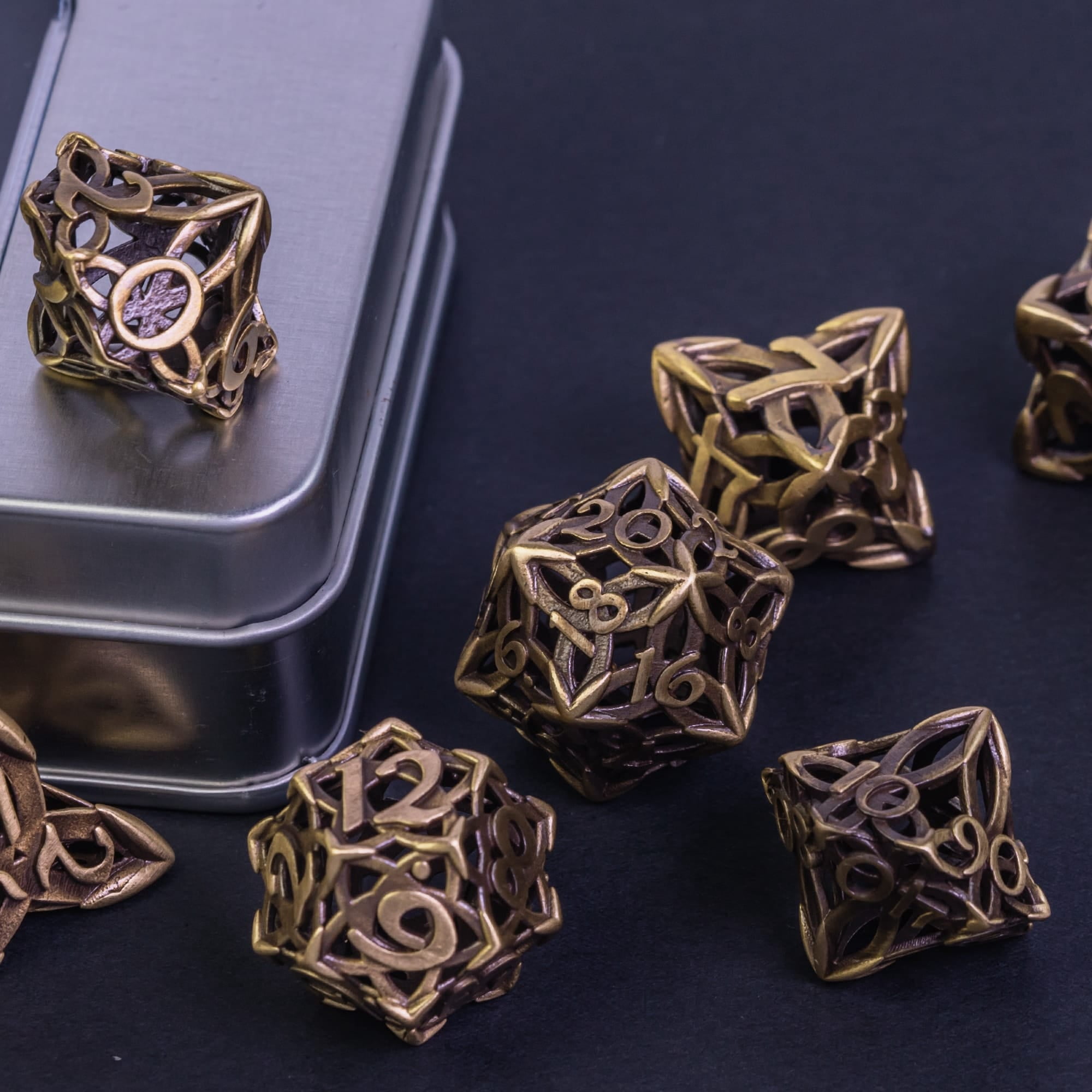 Cusdie Hollow Metal Dice, Celtic Knot D&D Dice, 7 Pcs Metal Dice Set, Polyhedral Dice Set, for Role Playing Game MTG Pathfinder