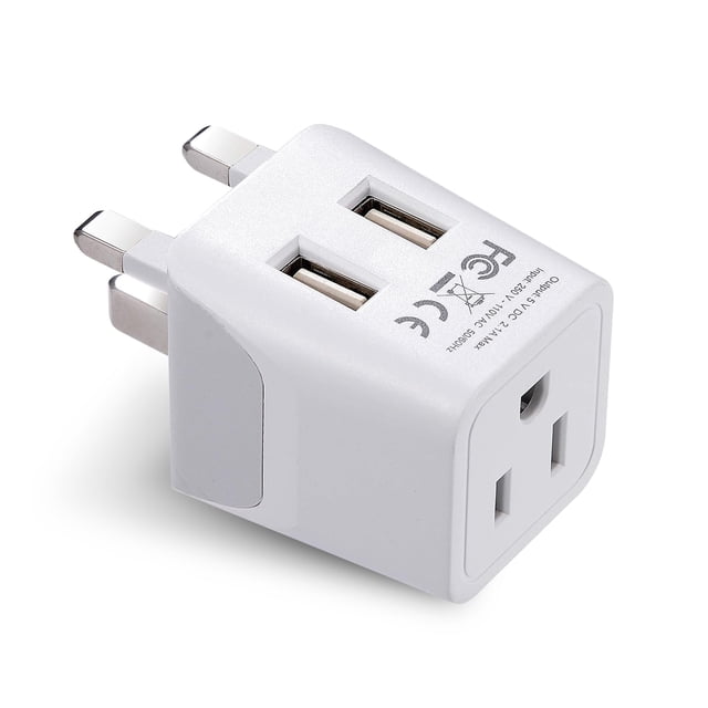 Adaptador de viaje Ceptics UK tipo G con 2 entradas USB+ USB y enchufe EE. UU.