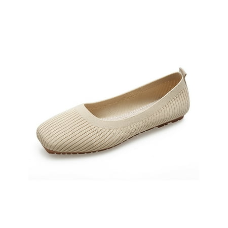 

Woobling Ladies Ballet Flat Knit Upper Flats Slip On Shoes Women Casual Shoe Non-slip Square Toe Summer Beige 5.5