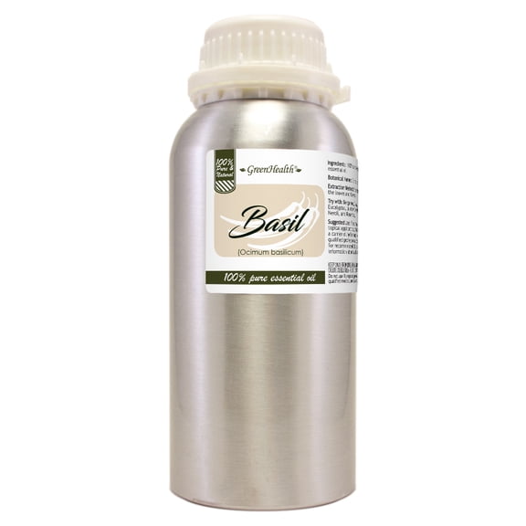 Basil Essential Oil – 16 fl oz Aluminum Bottle w/Plug Cap – 100% Pure Essential Oil - GreenHealth
