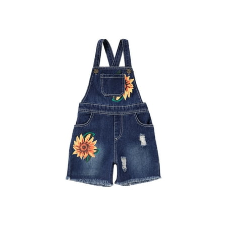 

ZIYIXIN Summer Children Girl Rompers Sleeveless Sunflower Printed Denim Jeans Overalls Strap Trouser Navy 2-3 Years