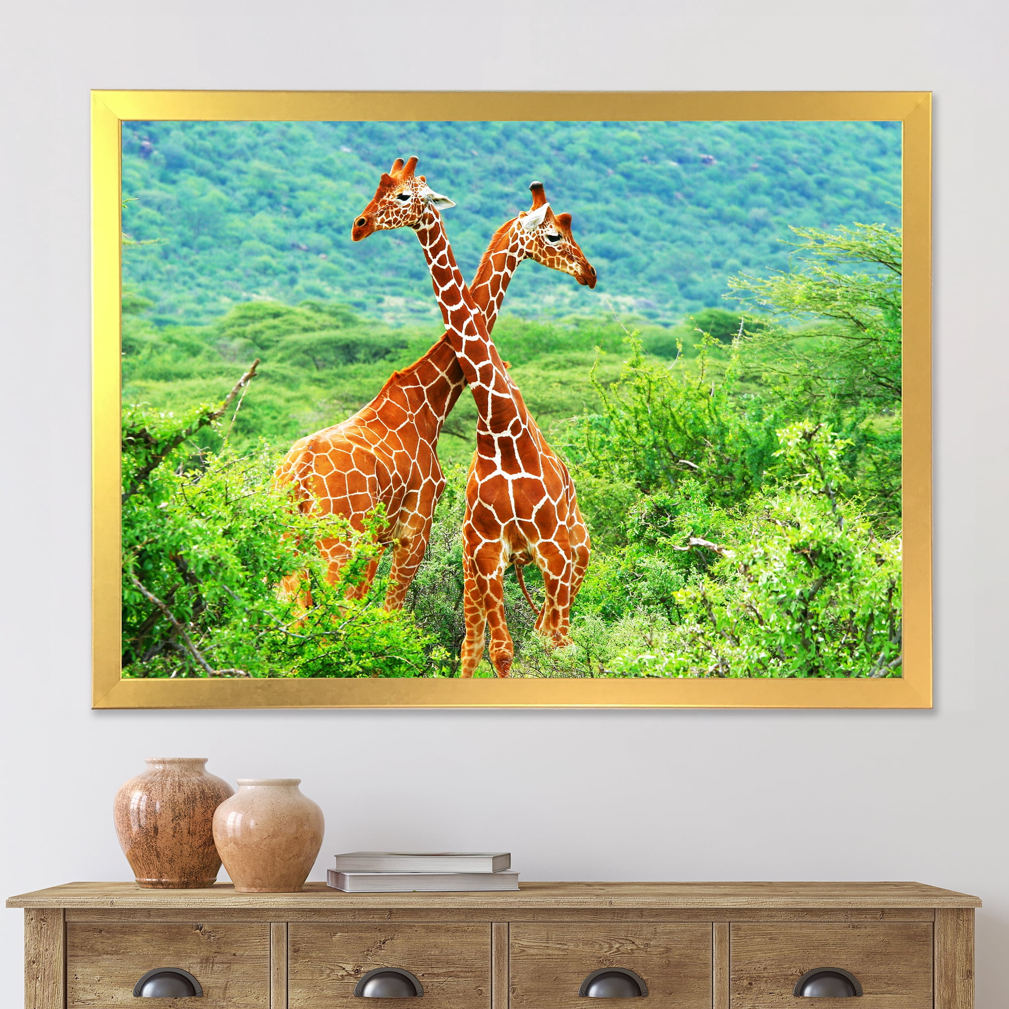 Designart 'Two Giraffes Fighting In Lush Green Wild' Farmhouse Framed Art Print