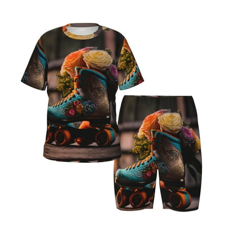Toddler Boys Girls Pajamas - Classic Floral Blue Skate Shoes Soft Comfort Kids Pajamas Short Sleeve Sleepwear Pjs Set