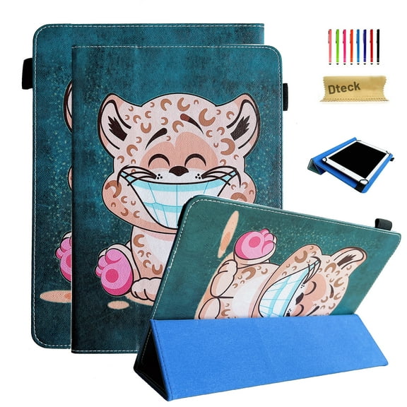 TECH CIRCLE Universal Case for 9.6" to 10.5" Tablet - Fold Stand Leather Cute Case for Onn 10.1" /Galaxy Tab A7,A8 /Lenovo Tab 10.1 10.3 /Most 10 10.1 10.3 10.4 10.5 Inch Android Tablet, Smile Leopard