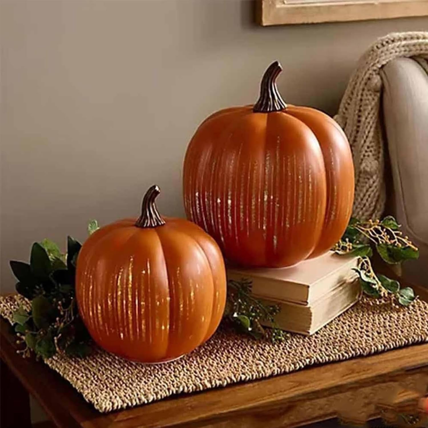 Twinkle Light Pumpkins, Set of 2 Illuminated Starry Night Glass Pumpkins, Halloween Twinkle Light Pumpkins, Twinkle Led Pumpkin Lights with Starry Night Design for Home Bedroom (Orange-7''+9'')