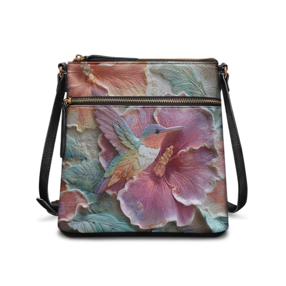 Kuiaobaty Hibiscus Print Crossbody Bag for Women Trendy, Hummingbird Print Portable Leather Satchel Purse with Adjustable Strap, Roomy Durable Shoulder Handbag Crossbody for Travel