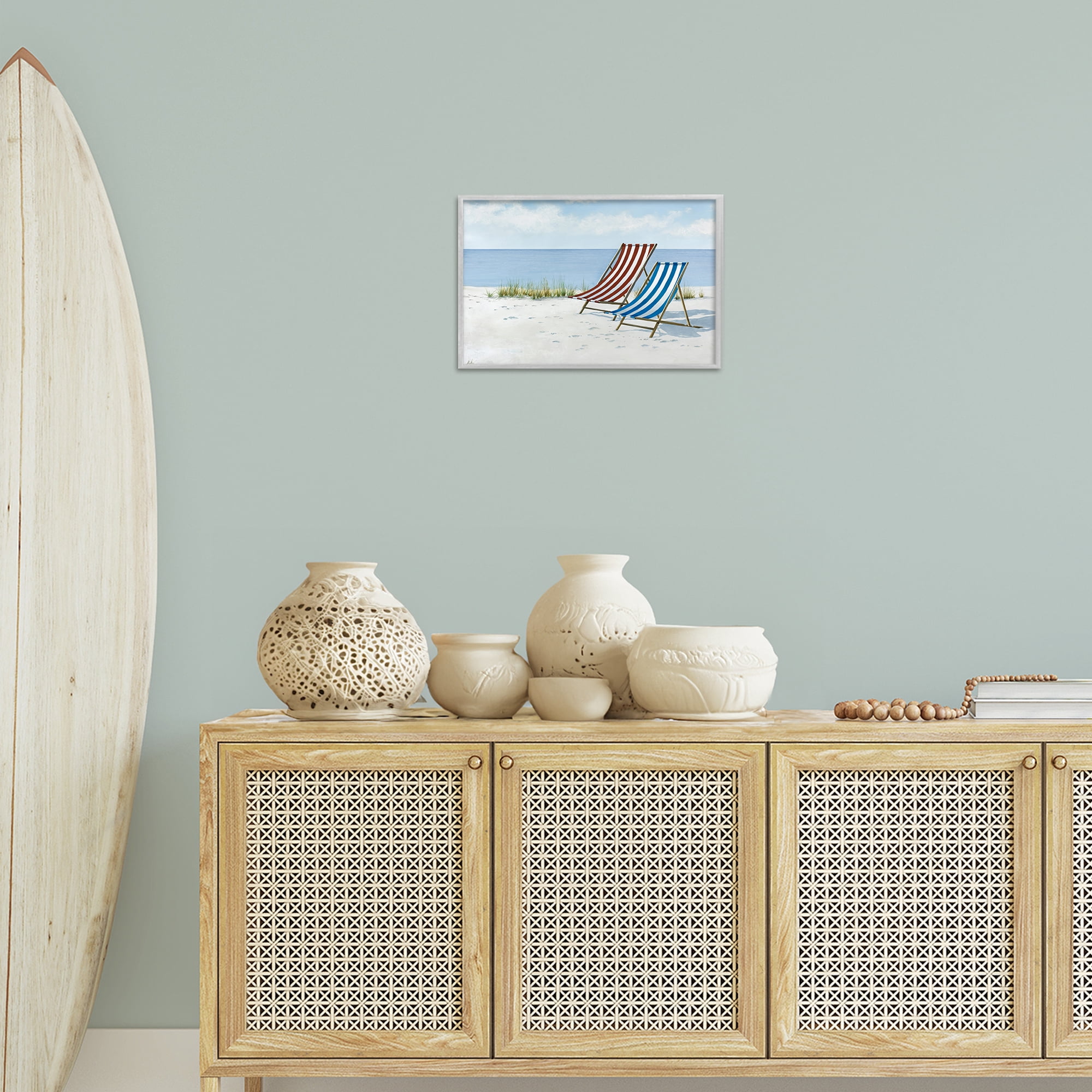 Stupell Industries Serene Beach Chairs Landscape Painting Gray Framed Art Print Wall Art, 18 x 12