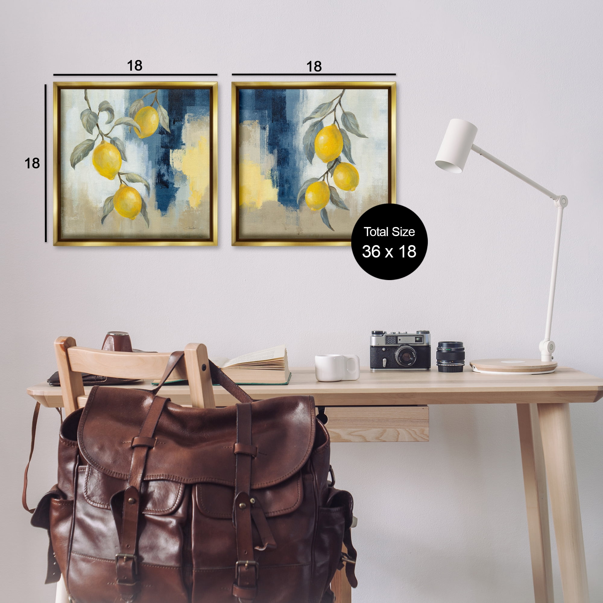 Stupell Industries Abstract Hanging Lemon Fruits Food & Beverage Painting Gold Floater Framed Canvas Art Print Wall Art, 18 x 18, Set of 2
