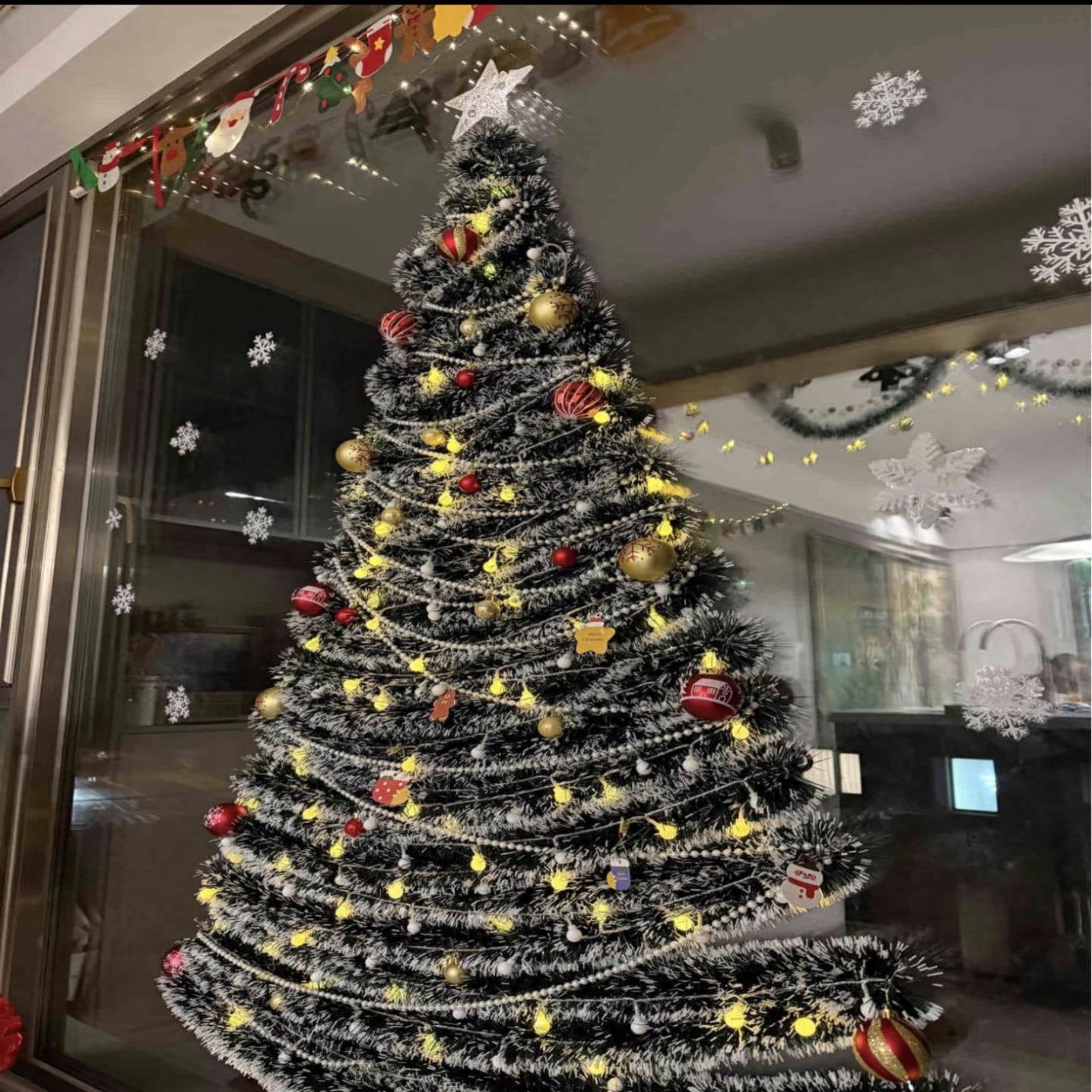 asxite Christmas Garland,Encrypted Christmas Dark Green White Edge Green Edge Color Pull Flower Ribbon Chiffon Snowflake Wool Scene Decoration