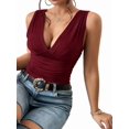 thumbnail image 3 of Women'S Deep V Tank Top, Ruched Waist Tight Fitted Camis with Open Back for Layering and Style Wine Red L, 3 of 9