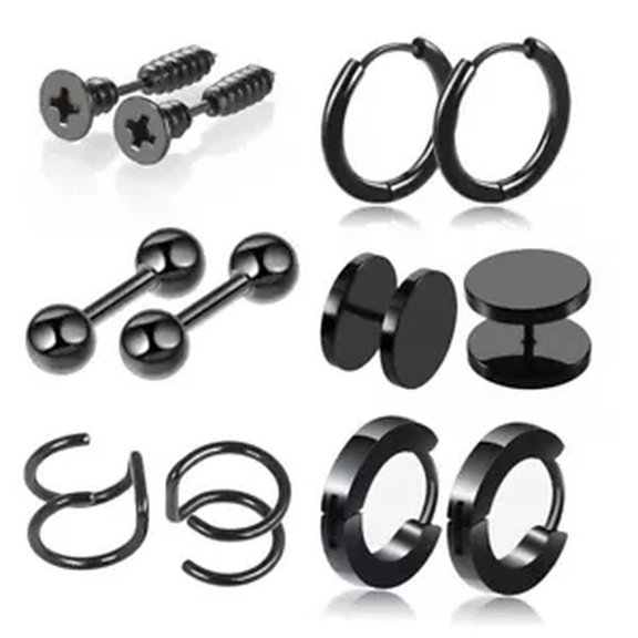 HOOUN 12Pcs Stainless Steel Earrings Stud Screw Back Punk Piercing Hoop Gothic Unisex-black
